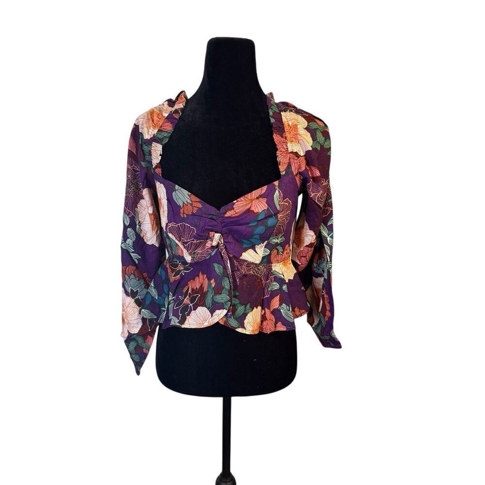 Land of the Free Floral Boho Long Sleeve Smocked Back Top XS Purple Ivory NWT